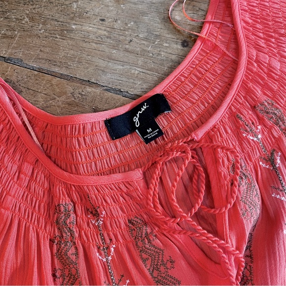 GNW Peasant Blouse Embroidered Boho Top Tassle Tie V neck Medium Tangerine - Picture 6 of 11